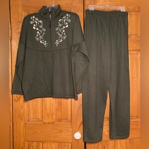 NWOT Vintage Bonnie Evans Fleece Embroidered Top Cardigan Pant Set Size L